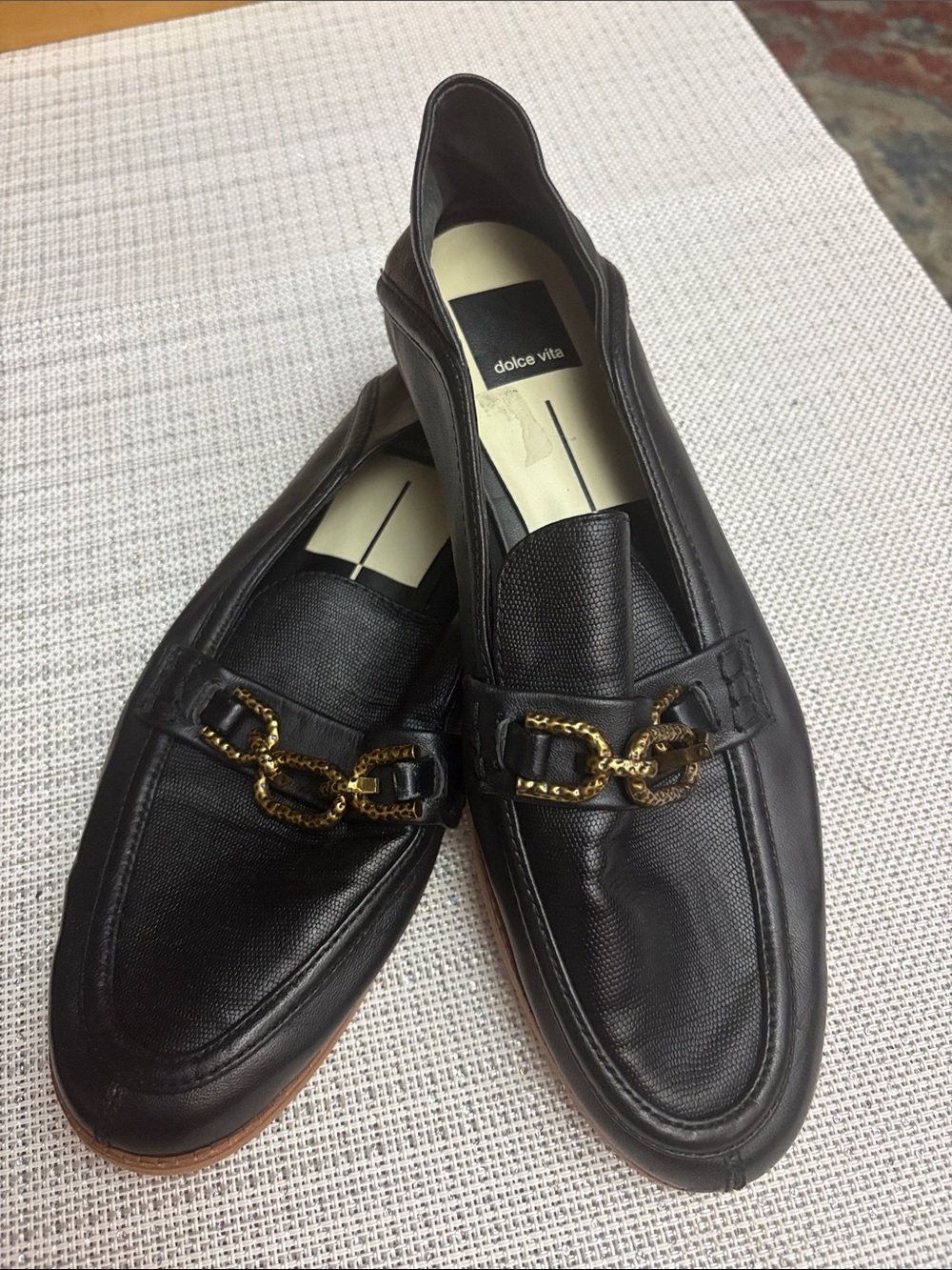 Dolce Vita Black Leather Men’s Loafers with Gold Chain Accent
